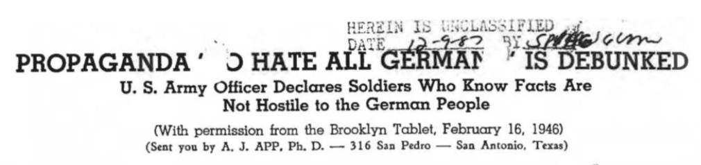 Propaganda to hate all Germans is debunked (1946) by Austin J. App