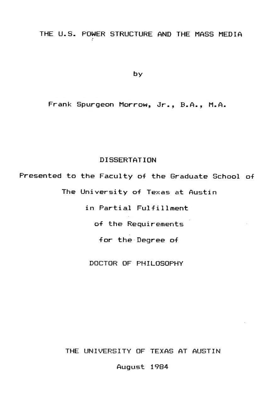 THE U.S. POWER STRUCTURE AND THE MASS MEDIA (1984) by Frank Spurgeon Morrow