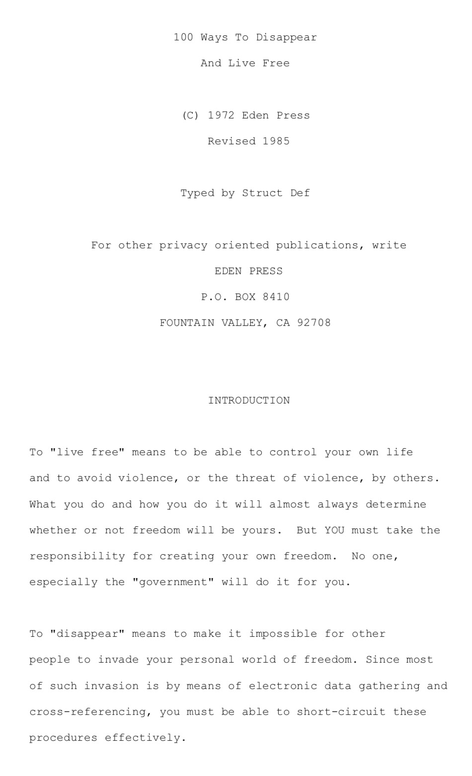 100 Ways To Disappear And Live Free (1985) by Anonymous