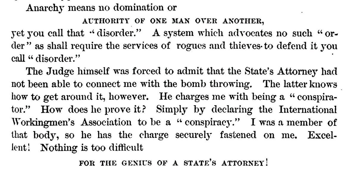 Louis Lingg: Anarchy means no domination or AUTHORITY OF ONE MAN OVER ANOTHER.